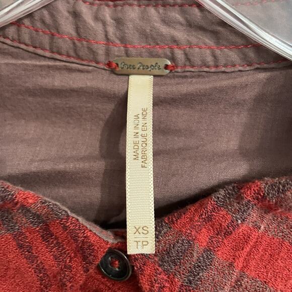 Free People Top Women Size XS Red Wesley Plaid Button Up Boho Western Hippie - Picture 6 of 8